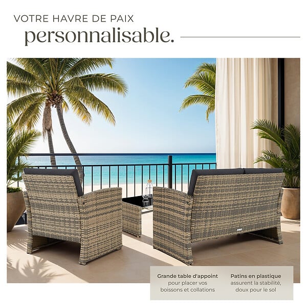 TECTAKE - 4 Places salon bas de jardin marron naturel gris foncé design moderne coussins confortables montage facile - large