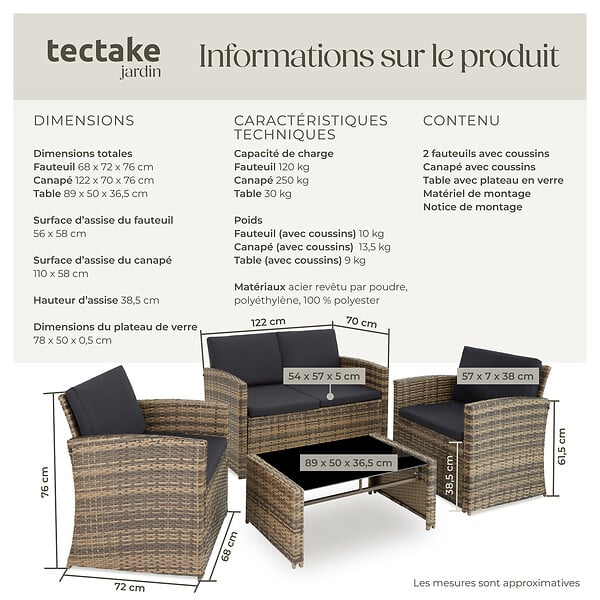 TECTAKE - 4 Places salon bas de jardin marron naturel gris foncé design moderne coussins confortables montage facile - large