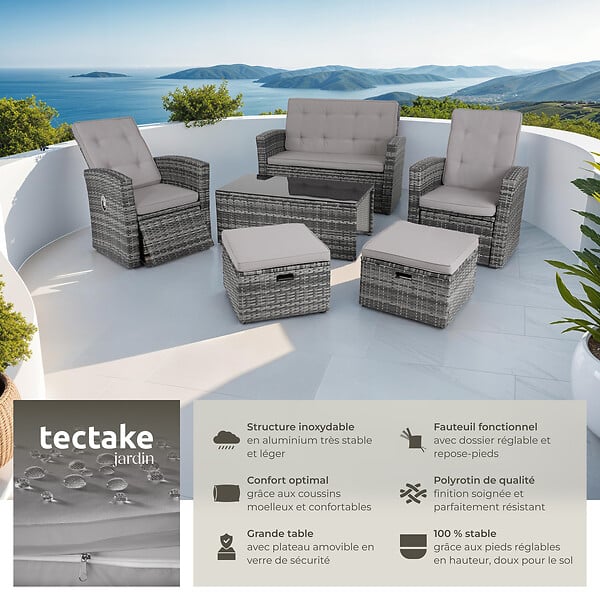 TECTAKE - Salon en rotin Bari gris - large