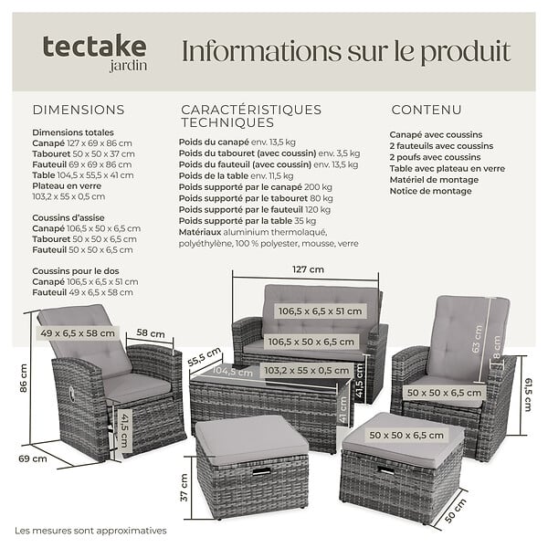 TECTAKE - Salon en rotin Bari gris - large