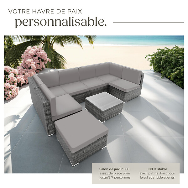 TECTAKE - Canapé jardin en résine tressée gris 7 places modulable coussins déperlants table avec verre - large