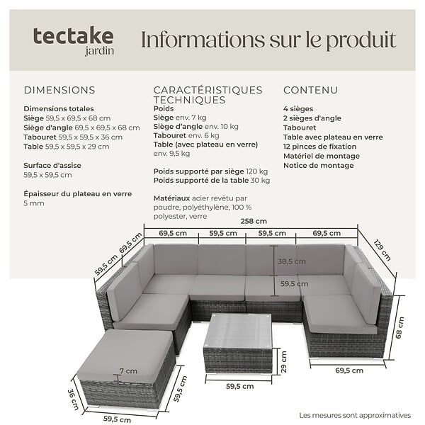 TECTAKE - Canapé jardin en résine tressée gris 7 places modulable coussins déperlants table avec verre - large
