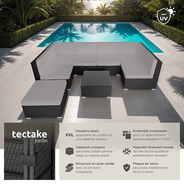 TECTAKE - Canapé de Jardin VENISE 7 places noir/gris - large