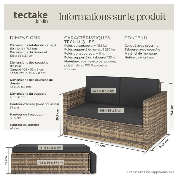 TECTAKE - Canapé de jardin lounge modulable en résine nature avec coussins hydrofuges amovibles - large