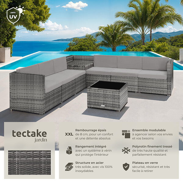 TECTAKE - Salon de jardin rotin en résine modulaire 6 places avec table verre coussins gris - large