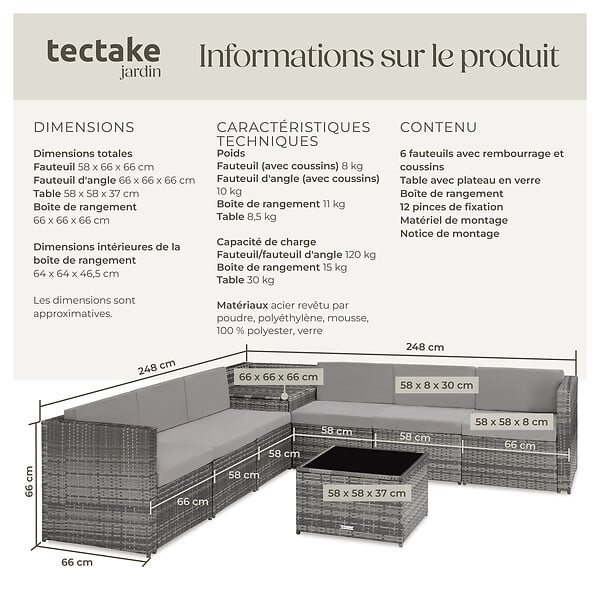TECTAKE - Salon de jardin rotin en résine modulaire 6 places avec table verre coussins gris - large