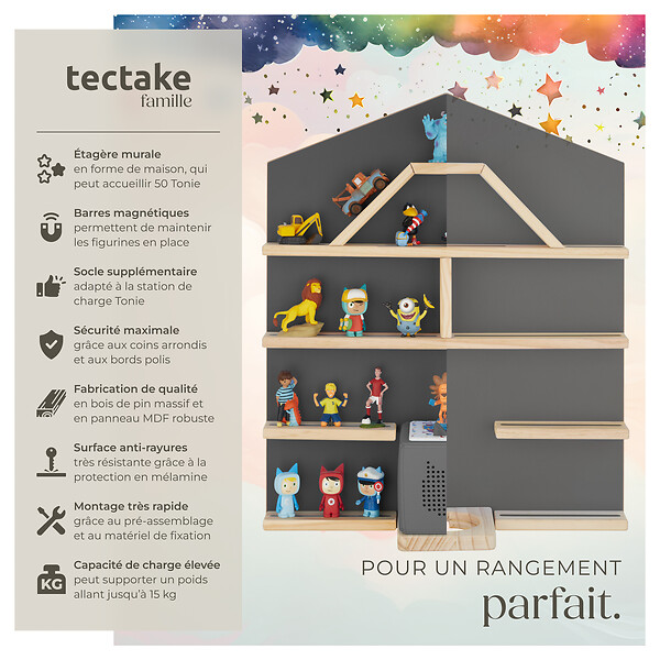 TECTAKE - Étagère murale Mylittle Story pour jusqu'à 50 Tonies gris anthracite - large