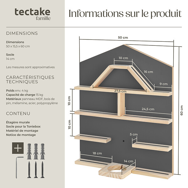 TECTAKE - Étagère murale Mylittle Story pour jusqu'à 50 Tonies gris anthracite - large