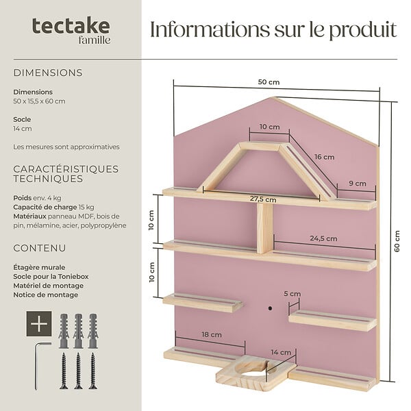TECTAKE - Étagère murale Mylittle Story pour jusqu'à 50 Tonies rose - large
