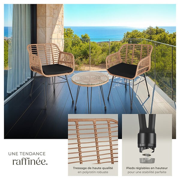 TECTAKE - Salon de jardin en rotin résistant UV table en verre marron naturel pour terrasses petit repas - large