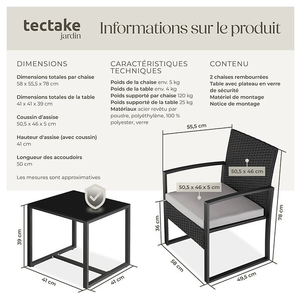 TECTAKE - Ensemble de salon de jardin en rotin Granada avec table pour 2 personnes Noir gris clair/noir - large
