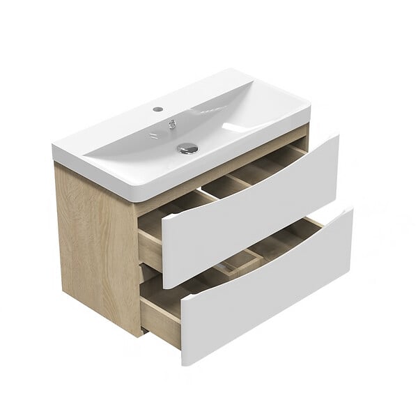 AICA SANITAIRE - AICA Meuble de salle de bain 80cm avec 2 tiroirs, suspendu Blanc + Chêne - large
