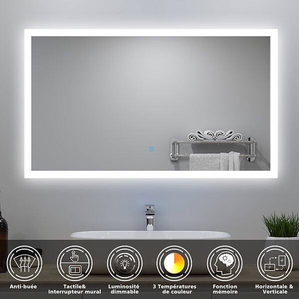 AICA SANITAIRE - Ensemble meuble Salle de Bain 100cm simple vasque et miroir lumineux 3 couleurs et dimmable chêne wotan - large