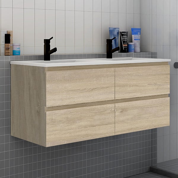 AICA SANITAIRE - Ensemble meuble de salle de bain et lavabo chêne (L.120cm) 4 tiroirs + meuble haut*2 + lavabo + miroir rond LED*2 - large