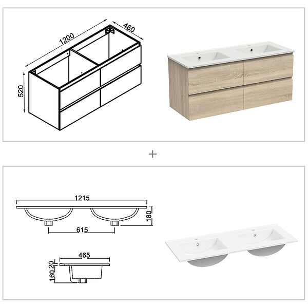 AICA SANITAIRE - Meuble Salle de Bain 120cm Chêne Wotan double vasque + miroir lumineux 3 couleurs + dimmable - large