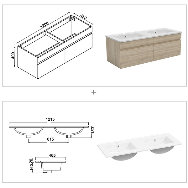 AICA SANITAIRE - Ensemble meuble Salle de Bain 120cm Chêne Wotan double vasque + miroir lumineux 3 couleurs + dimmable - large