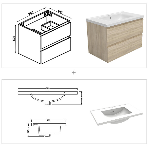 AICA SANITAIRE - Meubles Salle de Bain 80cm avec colonne + miroir lumineux 3 couleurs + dimmable Chêne Wotan - large