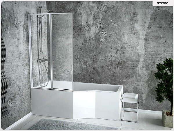 BESCO - Baignoire asymétrique - 150 x 75 cm - Gauche - avec Habillage - Pieds - Vidage Chrome - INTEGRA - large