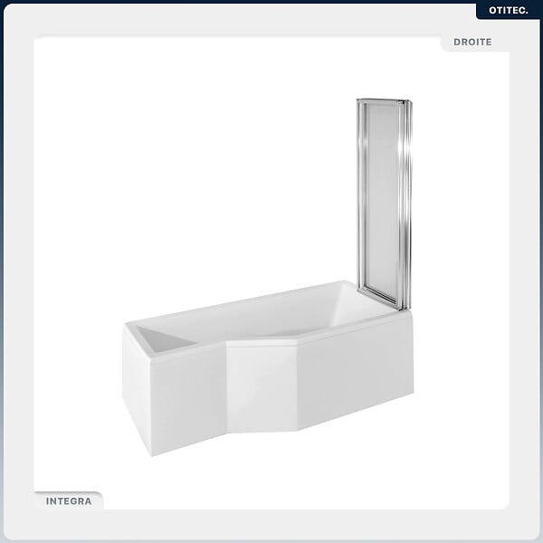 BESCO - Baignoire asymétrique - 170 x 75 cm - Droite - sans Habillage - avec Pieds - Pare Baignoire 3 Volets - Vidage Chrome - INTEGRA - large