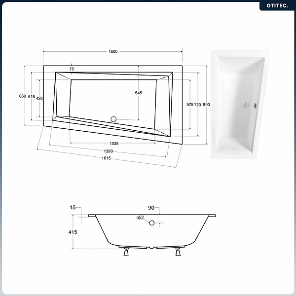 BESCO - Baignoire asymétrique - 160 x 90 cm - Droite - avec Habillage - Pieds - Vidage Chrome - INTIMA SLIM - large