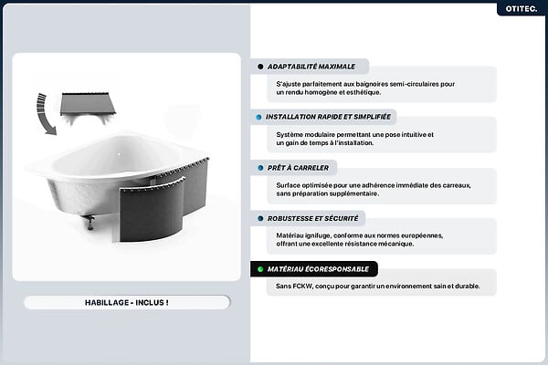 BESCO - Baignoire asymétrique - 130 x 85 cm - Droite - avec Habillage - Pieds - Repose-tête - Vidage Chrome - RIMA - large