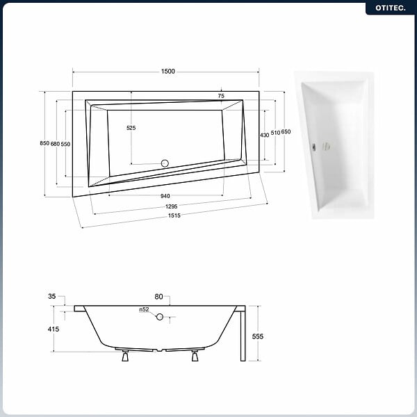 BESCO - Baignoire asymétrique - 150 x 85 cm - Gauche - sans Habillage - avec Pieds - Vidage Chrome - INTIMA - large