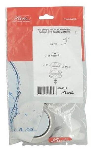 NICOLL - Bonde à bouchon chainette Nicoll - Ø 84 mm - Pour évier à double paroi - Plastique et inox - large