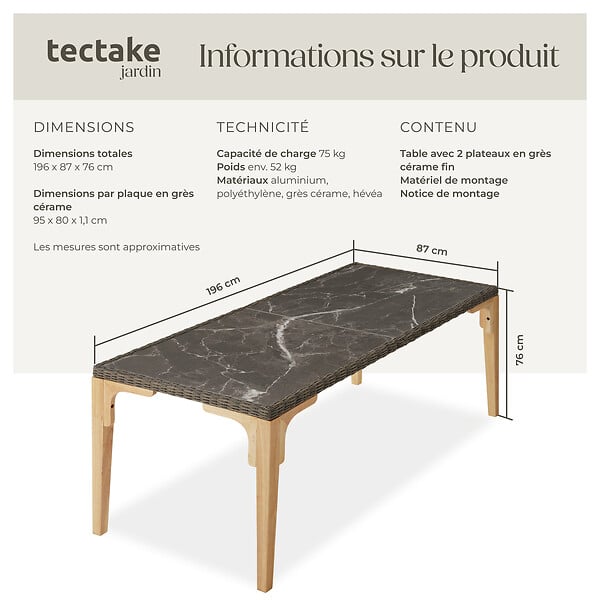 TECTAKE - Table en rotin Foggia 196x87x76cm marron naturel - large