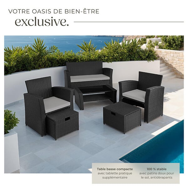 TECTAKE - Salon de jardin Modena 3+2+1 avec housse de protection noir/gris - large