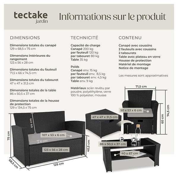 TECTAKE - Salon de jardin Modena 3+2+1 avec housse de protection noir/gris - large