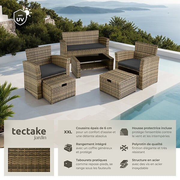 TECTAKE - Salon de jardin résine tressée naturel ensemble mobilier extérieur avec housse - large