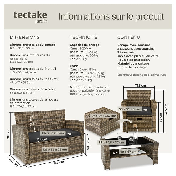 TECTAKE - Salon de jardin résine tressée naturel ensemble mobilier extérieur avec housse - large