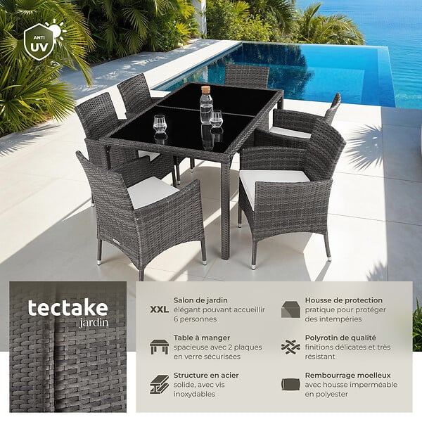 TECTAKE - Salon de jardin 6 places avec housse de protection gris/blanc - large