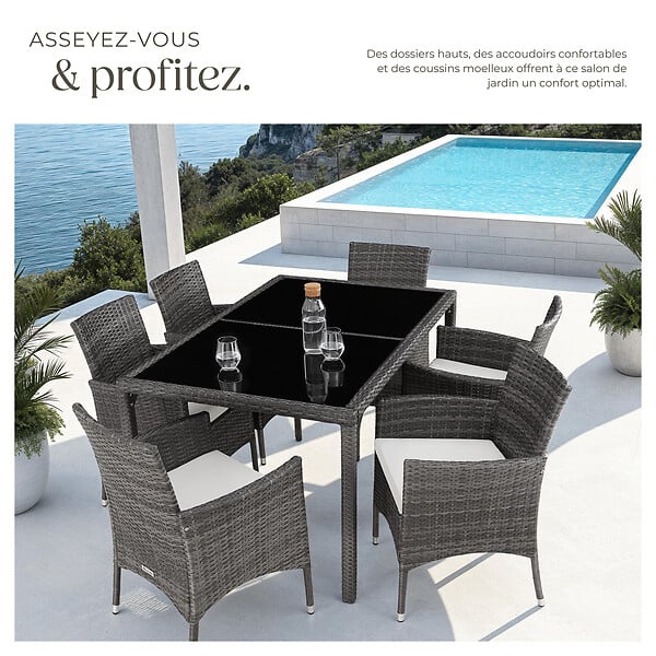 TECTAKE - Salon de jardin 6 places avec housse de protection gris/blanc - large
