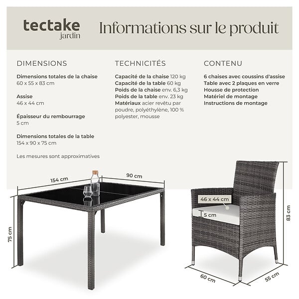 TECTAKE - Salon de jardin 6 places avec housse de protection gris/blanc - large