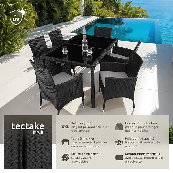 TECTAKE - Salon de jardin 6 places avec housse de protection noir/gris - large