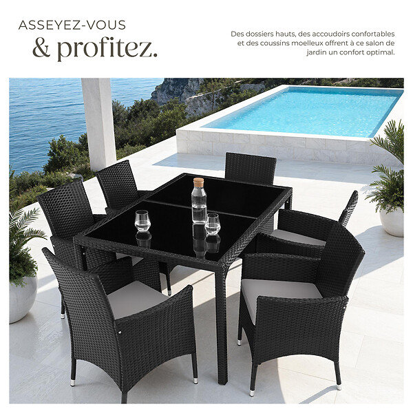 TECTAKE - Salon de jardin 6 places avec housse de protection noir/gris - large