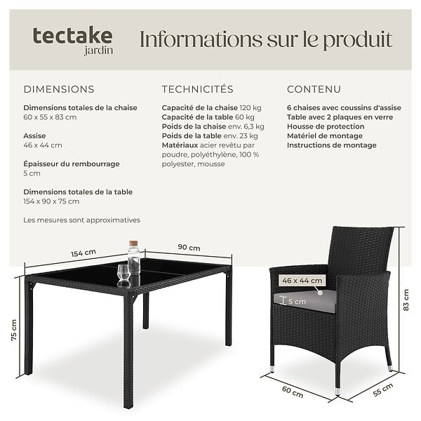 TECTAKE - Salon de jardin 6 places avec housse de protection noir/gris - large