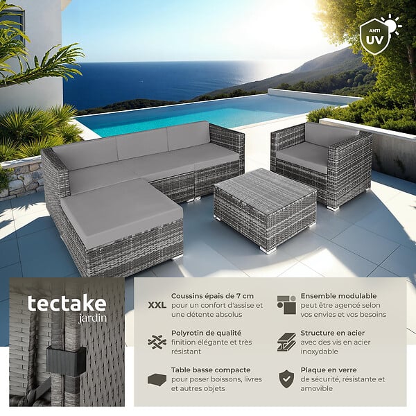 TECTAKE - Canapé lounge de jardin en rotin gris 5 places avec coussins confortables - large
