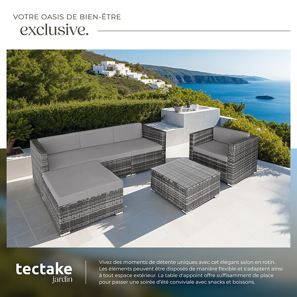 TECTAKE - Canapé lounge de jardin en rotin gris 5 places avec coussins confortables - large