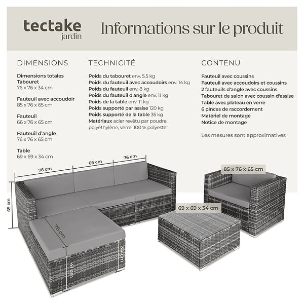 TECTAKE - Canapé lounge de jardin en rotin gris 5 places avec coussins confortables - large