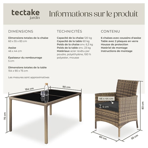 TECTAKE - Salon de jardin 6 places avec housse de protection marron naturel/gris foncé - large