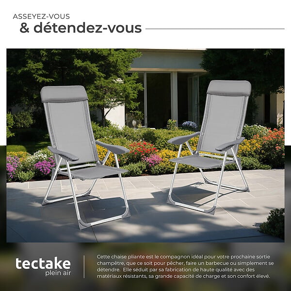 TECTAKE - 4 chaises de jardin pliantes en aluminium avec appui-tête gris - large