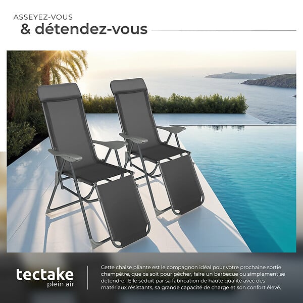 TECTAKE - 2 chaises de jardin pliantes en aluminium avec appui-tête et repose-pieds gris anthracite - large