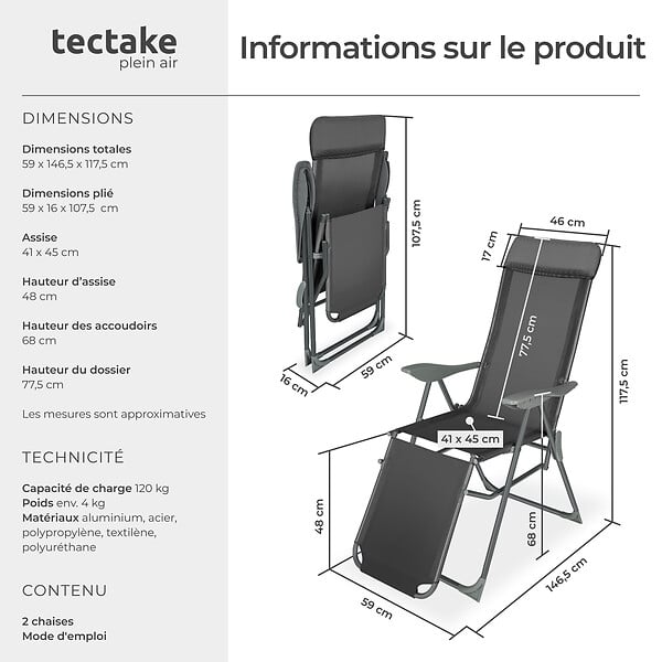 TECTAKE - 2 chaises de jardin pliantes en aluminium avec appui-tête et repose-pieds gris anthracite - large