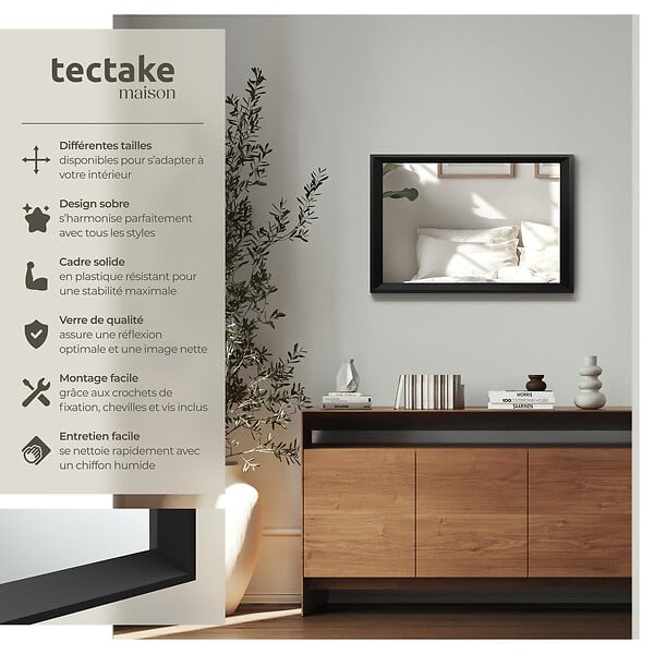 TECTAKE - Miroir mural rectangulaire ELINA avec cadre en plastique noir - large