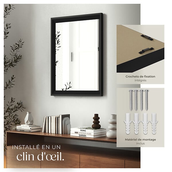 TECTAKE - Miroir mural rectangulaire ELINA avec cadre en plastique noir - large