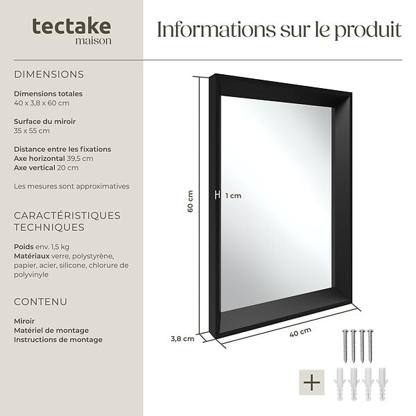 TECTAKE - Miroir mural rectangulaire ELINA avec cadre en plastique noir - large