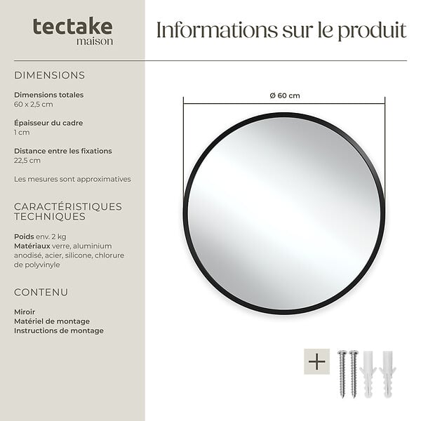 TECTAKE - Miroir mural rond FIONA avec cadre en aluminium noir - large