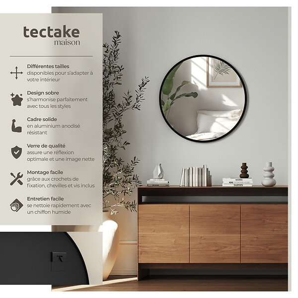 TECTAKE - Miroir mural rond FIONA avec cadre en aluminium noir - large